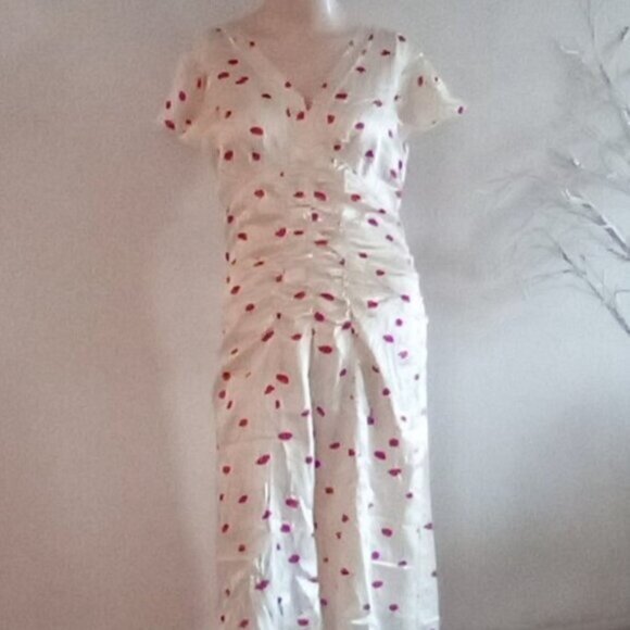 Silk Charmeuse Cherry Print Ruched Dress Size M - Picture 2 of 11